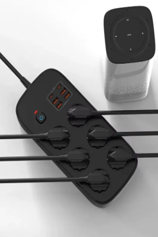 Termal Akım Korumalı 6’lü Priz 4x USB 2x Type-C Çıkışlı Grup Priz Çoğaltıcı (3500W) Siyah