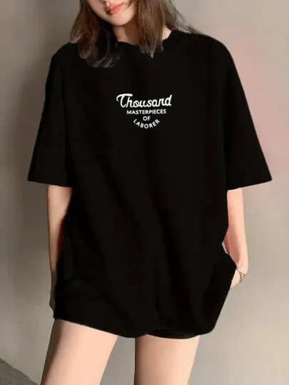 Thousand Baskılı Oversize Bisiklet Yaka T-shirt - Siyah - S - Siyah