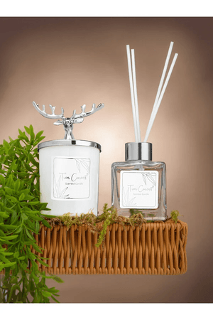 Tiem Concept 2021154 Geyik Başlıklı Gümüş Detaylı Çubuklu Oda Kokusu 100 Ml Ve Beyaz Bardak Mum Seti