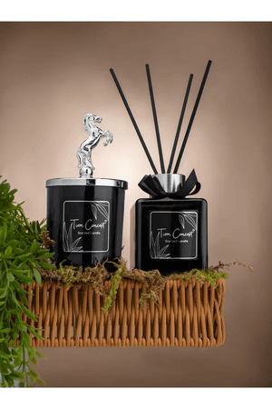 Tiem Concept 2021155-1 Dekoratif At Başlıklı Gümüş Detaylı Çubuklu Oda Kokusu 100 Ml Ve Siyah Bardak Mum Seti