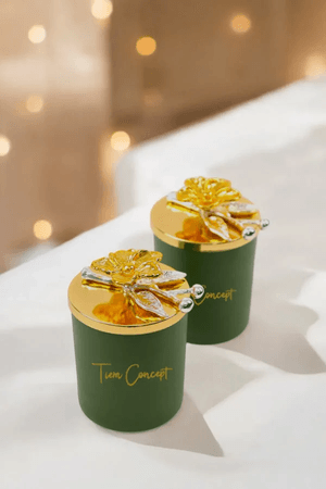 Tiem Concept 202191 Dekoratif Özel Tasarım Gold Çiçek Tepelikli Yeşil Çay Kokulu 2Li Yeşil Bardak Mum Seti