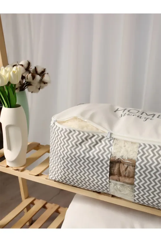 Timburly TIMBURLY.HS.BYK.001.212852 Yıkanabilir Pamuklu Home Storage Gri Balık Sırtı Gri Yazı Düzenleyici Hurç Orta Boy 21X28X52Cm D70