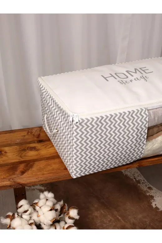 Timburly TIMBURLY.HS.BYK.001.224662 Yıkanabilir Pamuklu Home Storage Yazılı Gri Balık Sırtı Çizgili Gri Düzenleyici Hurç 22X46X62Cm D71
