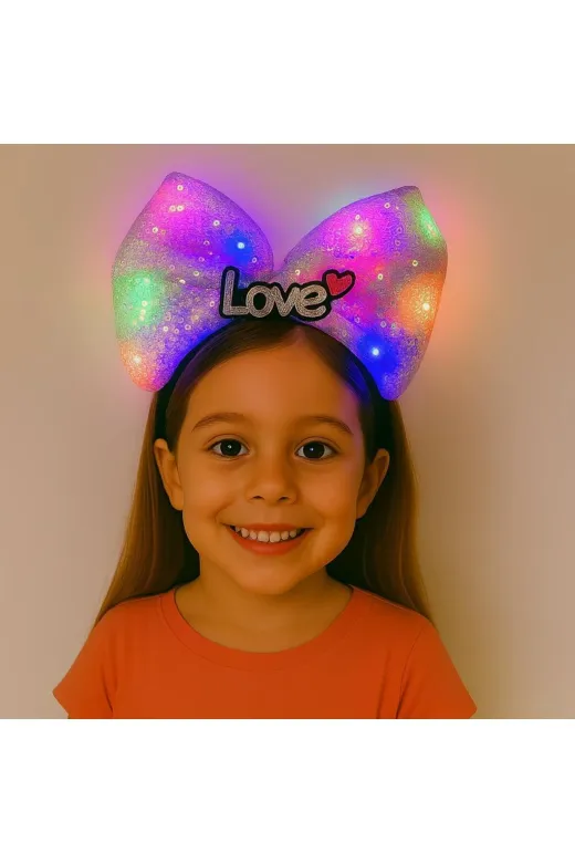 Toptan Bulurum TAB-032521D141-M Led Işıklı Love Yazılı Mor Fiyonk Taç - Kız Çocuk Parti Tacı
