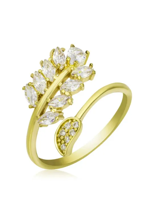 Toptan Bulurum TAB-032521T7068 Kadın Gümüş Gold Ayarlanabilir Beyaz Taşlı Yaprak Kadın Yüzük