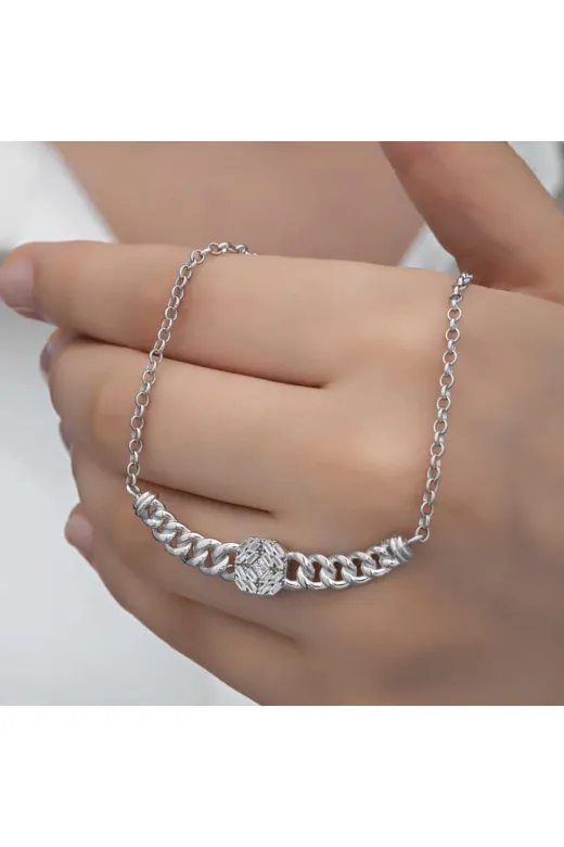 Toptan Bulurum TL-869203876721923T8194 Gümüş Gurmet Zincirli Kare Baget Taşlı Kadın Kolye