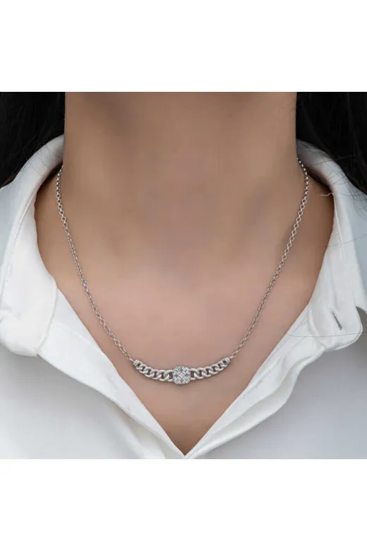 Toptan Bulurum TL-869203876721923T8194 Gümüş Gurmet Zincirli Kare Baget Taşlı Kadın Kolye