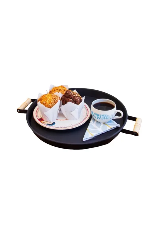 TOPTANFONİ PRA-9674453-5786 Ahşap Kulplu Metal Tepsi 37 Cm Siyah