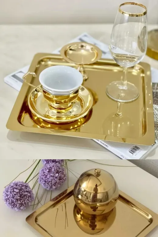 TOPTANFONİ PRA-9986161-3233 Paslanmaz Çelik Gold Renk Sunum Tepsisi 21 X21 Cm Çay Kahve Pasta Tatlı Servis Sunum Tepsisi 2 Adet
