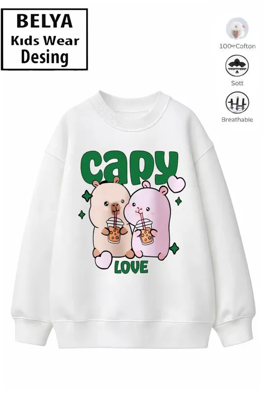 Trend Çocuk Kız Model Tam Kalıp Oversize Capy Love Tasarım 2 İplik Pamuğa Pamuk Kumaş Sweatshirt 93