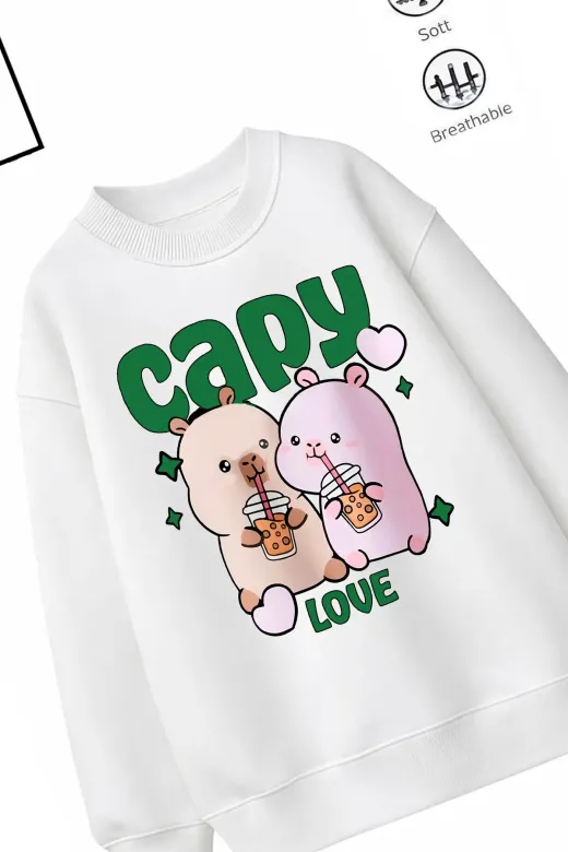 Trend Çocuk Kız Model Tam Kalıp Oversize Capy Love Tasarım 2 İplik Pamuğa Pamuk Kumaş Sweatshirt 93