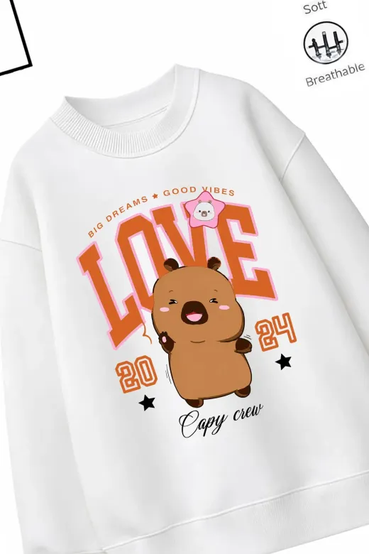 Trend Çocuk Kız Model Tam Kalıp Oversize Capyy Love Tasarım 2 İplik Pamuğa Pamuk Kumaş Sweatshirt 50