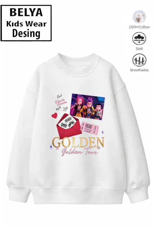 Trend Çocuk Kız Model Tam Kalıp Oversize Gold Hun Tasarım 2 İplik Pamuğa Pamuk Kumaş Sweatshirt 51