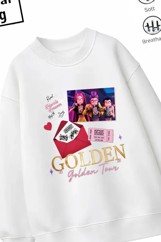 Trend Çocuk Kız Model Tam Kalıp Oversize Gold Hun Tasarım 2 İplik Pamuğa Pamuk Kumaş Sweatshirt 51