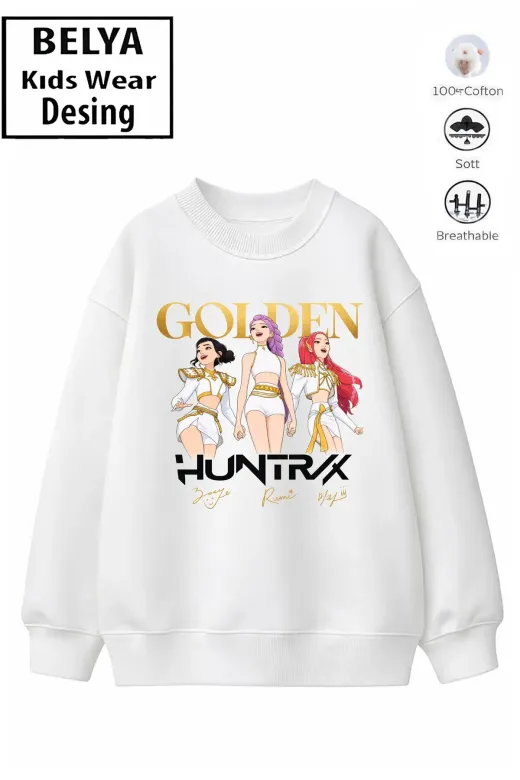 Trend Çocuk Kız Model Tam Kalıp Oversize Golden Hun Tasarım 2 İplik Pamuğa Pamuk Kumaş Sweatshirt 67