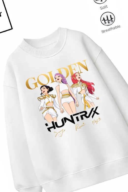 Trend Çocuk Kız Model Tam Kalıp Oversize Golden Hun Tasarım 2 İplik Pamuğa Pamuk Kumaş Sweatshirt 67