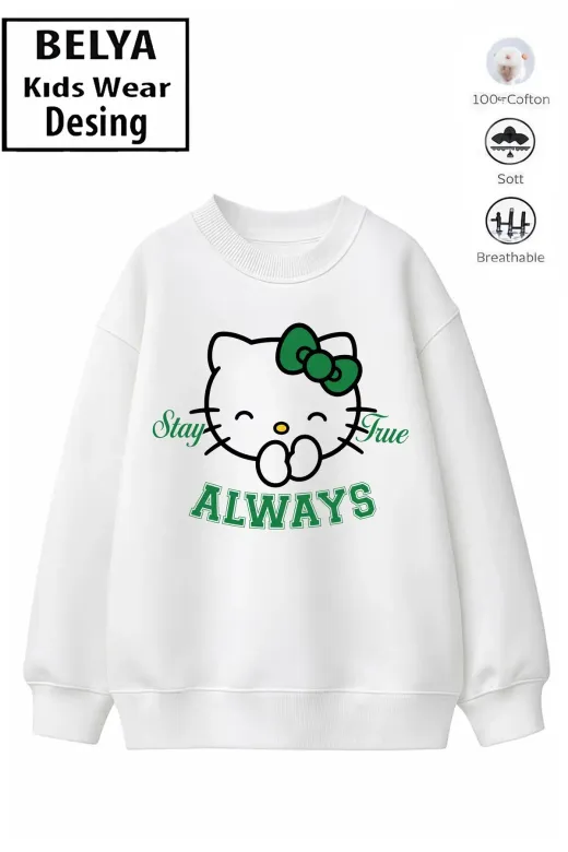 Trend Çocuk Kız Model Tam Kalıp Oversize Hello Tasarım 2 İplik Pamuğa Pamuk Kumaş Sweatshirt 49