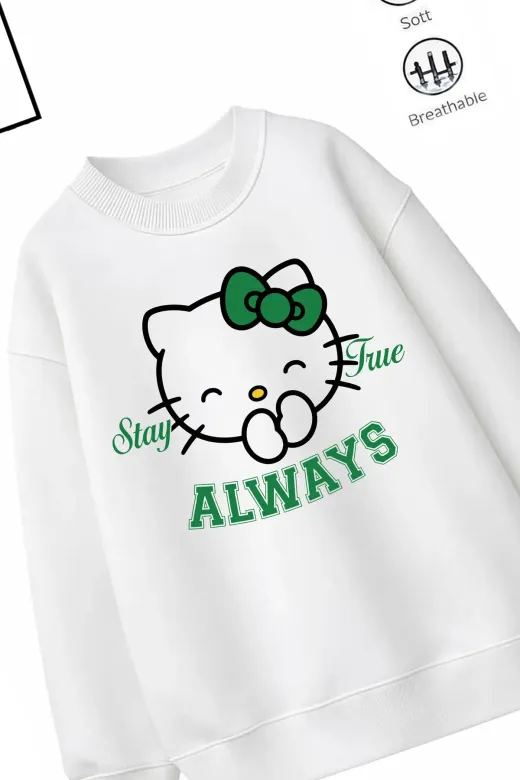 Trend Çocuk Kız Model Tam Kalıp Oversize Hello Tasarım 2 İplik Pamuğa Pamuk Kumaş Sweatshirt 49