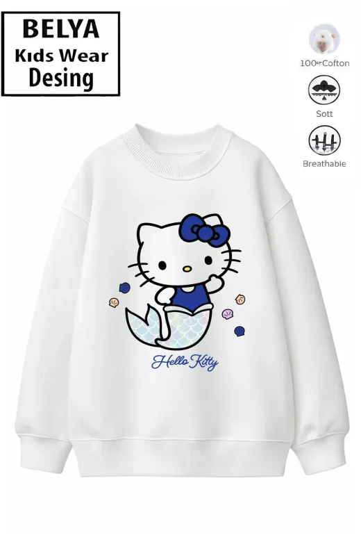 Trend Çocuk Kız Model Tam Kalıp Oversize Hello Tasarım 2 İplik Pamuğa Pamuk Kumaş Sweatshirt 84