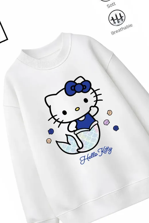 Trend Çocuk Kız Model Tam Kalıp Oversize Hello Tasarım 2 İplik Pamuğa Pamuk Kumaş Sweatshirt 84