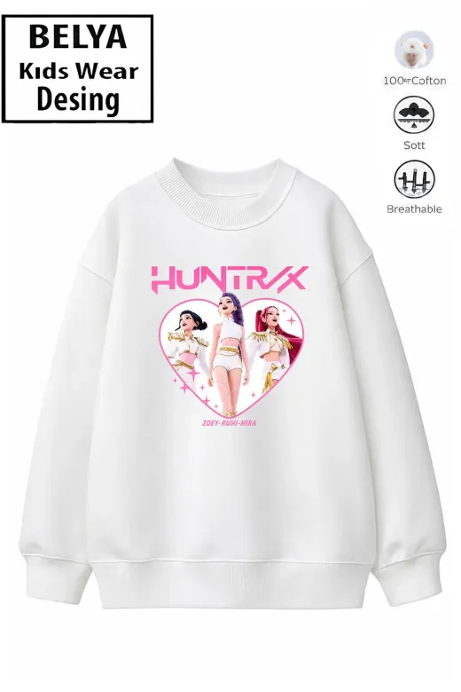 Trend Çocuk Kız Model Tam Kalıp Oversize Hun Kalp Tasarım 2 İplik Pamuğa Pamuk Kumaş Sweatshirt 86