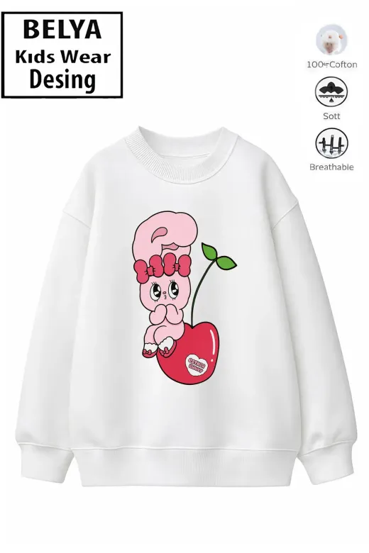 Trend Çocuk Kız Model Tam Kalıp Oversize Kiraz Tasarım 2 İplik Pamuğa Pamuk Kumaş Sweatshirt 44