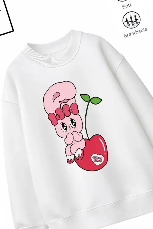 Trend Çocuk Kız Model Tam Kalıp Oversize Kiraz Tasarım 2 İplik Pamuğa Pamuk Kumaş Sweatshirt 44