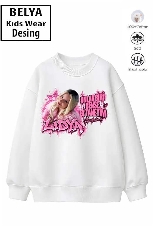Trend Çocuk Kız Model Tam Kalıp Oversize Lidya Tasarım 2 İplik Pamuğa Pamuk Kumaş Sweatshirt 112