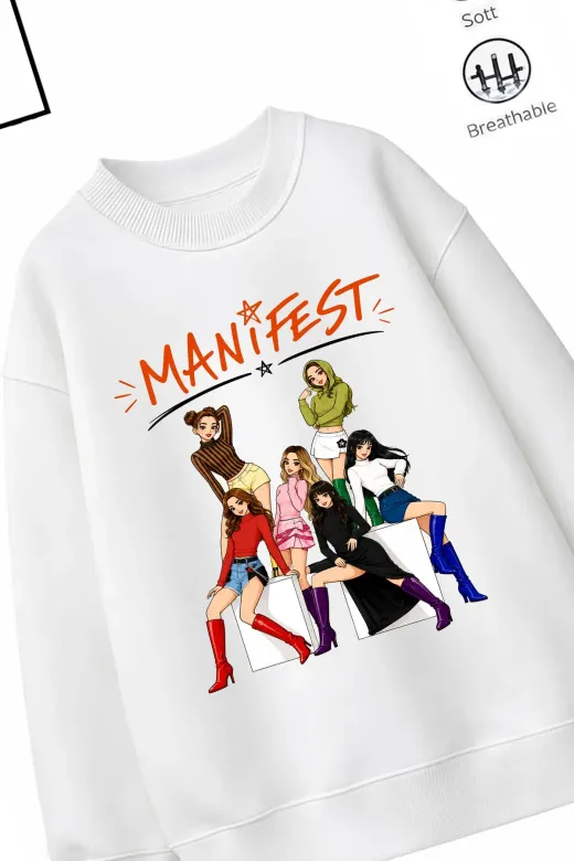 Trend Çocuk Kız Model Tam Kalıp Oversize Manifest Tasarım 2 İplik Pamuğa Pamuk Kumaş Sweatshirt 76