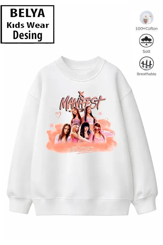 Trend Çocuk Kız Model Tam Kalıp Oversize Manifest Tasarım 2 İplik Pamuğa Pamuk Kumaş Sweatshirt 106