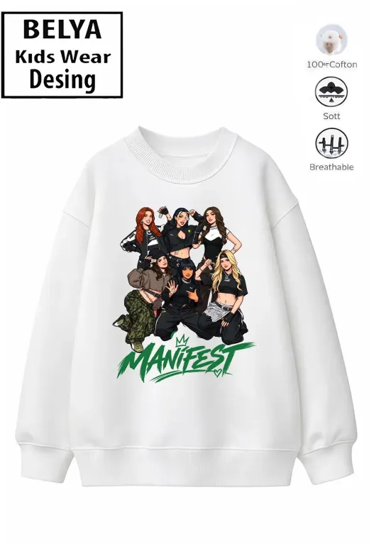 Trend Çocuk Kız Model Tam Kalıp Oversize Manifest Tasarım 2 İplik Pamuğa Pamuk Kumaş Sweatshirt 80
