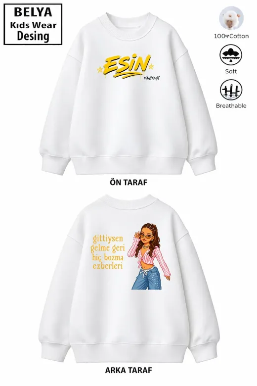 Trend Çocuk Kız Model Tam Kalıp Oversize Ön Arka Baskılı Esin 2 İplik Pamuğa Pamuk Kumaş Sweatshirt