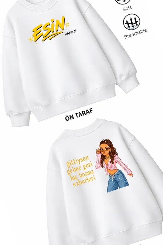 Trend Çocuk Kız Model Tam Kalıp Oversize Ön Arka Baskılı Esin 2 İplik Pamuğa Pamuk Kumaş Sweatshirt