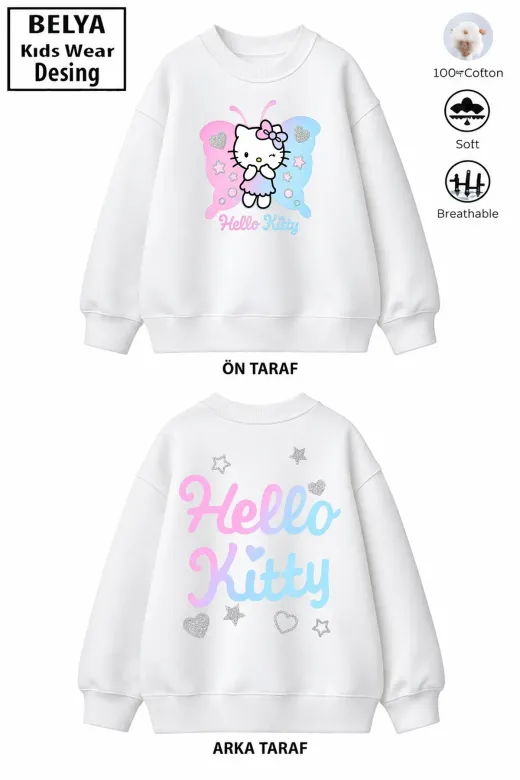 Trend Çocuk Kız Model Tam Kalıp Oversize Ön Arka Baskılı Hello 2 İplik Pamuğa Pamuk Kumaş Sweatshirt