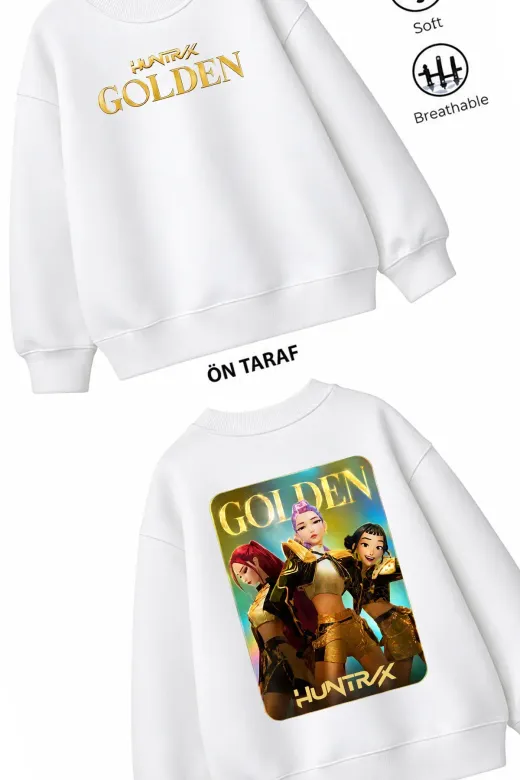 Trend Çocuk Kız Model Tam Kalıp Oversize Ön Arka Baskılı Hun Tasarım 2 İplik Pamuğa Pamuk Kumaş Swea