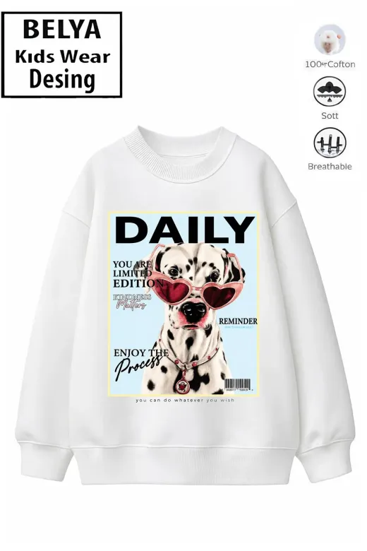 Trend Çocuk Kız Model Tam Kalıp Oversize Sevimli Köpek Tasarım 2 İplik Pamuğa Pamuk Kumaş Sweatshirt