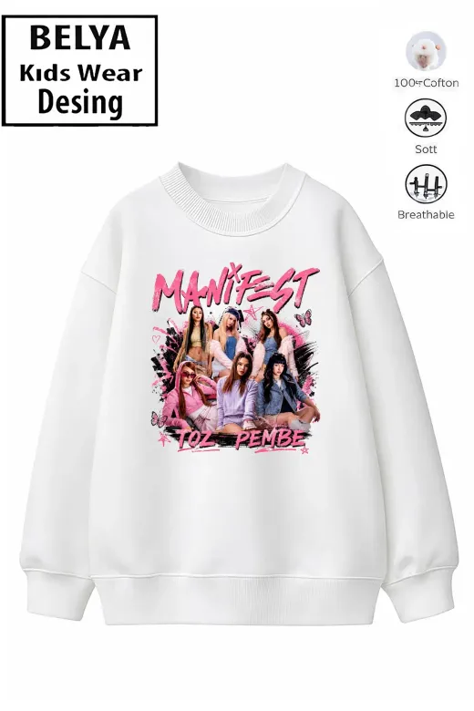 Trend Çocuk Kız Model Tam Kalıp Oversize Toz Pembe Tasarım 2 İplik Pamuğa Pamuk Kumaş Sweatshirt 111
