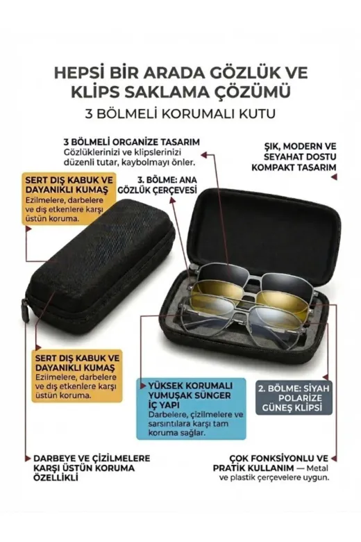 TrendMilano KLFKLPS 3 Bölmeli Koruyucu Gözlük Ve Klips Saklama Kutusu Sert Kapak Seyahat Kılıfı