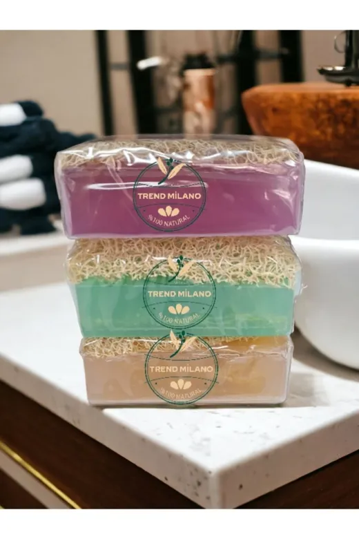 TrendMilano TNS033 3Lü Set Doğal Kabak Lifli Sabun Aloe Vera - Lavanta - Pirinç Özlü 3 Adet