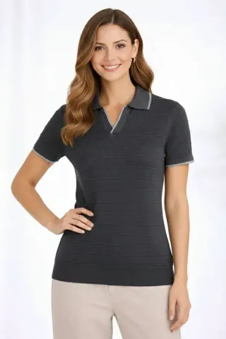 Triko Kumaş Yakalı Düğmesiz Açık Yaka Fitilli Kısa Kollu Regular Fit Tişört T-shirt - Siyah - M - Siyah