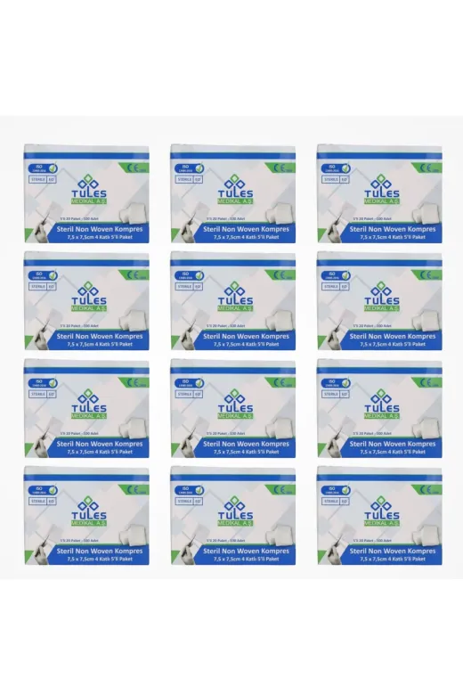 tules P1680S8544 Steril Non Woven Kompres 7,5 Cm X 7,5 Cm 4 Katlı (5’Li Zarf) 100’Lü Kutu - 12 Kutu