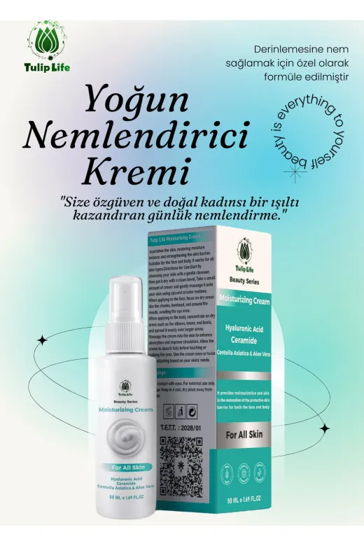 tulip life hya12 Yoğun Nemlendirici Ve Onarıcı Cilt Kremi, Yeni Formula Centella, Seramidler, Hyaluronik Asit 50 Ml