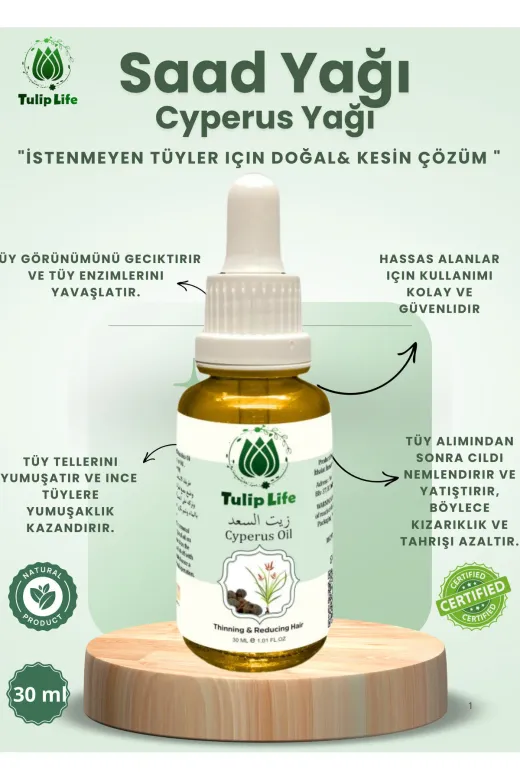 tulip life SAAD1 Tüy Azaltıcı Ve Önleme Yağı Saad Yağı Cyperus Oil 30 Ml
