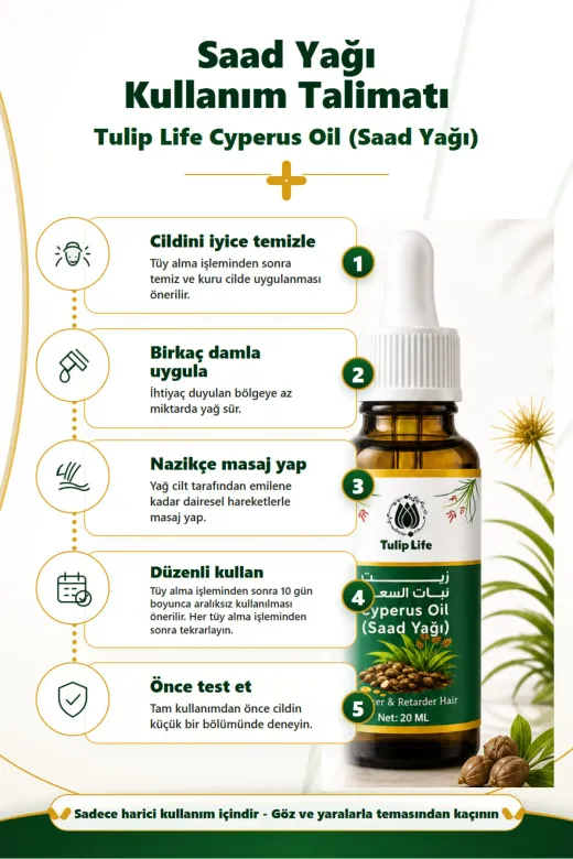 tulip life saad20new Cyperus Oil (Saad Yağı) Tüy Görünümünü Azaltmaya Yardımcı Bakım Yağı 20 Ml