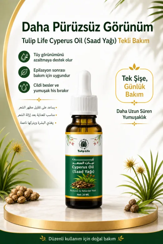 tulip life saad20new Cyperus Oil (Saad Yağı) Tüy Görünümünü Azaltmaya Yardımcı Bakım Yağı 20 Ml