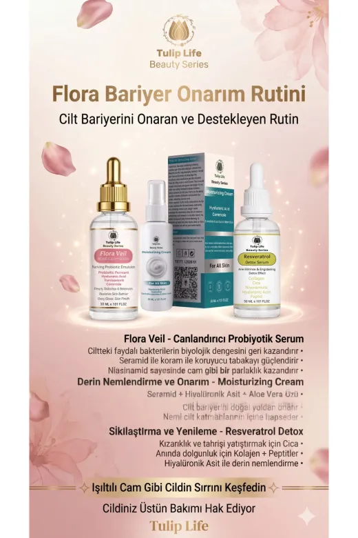 tulip life SUMMER3 Flora Barrier Onarım Seti: Seramid + Probiyotik + Resveratrol Cilt Detoksu (3 Lü Set
