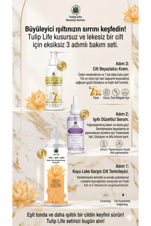 tulip life summer7 Koyu Lekeleri Giderici Ve Cildi Aydınlatıcı Set (Tranexamik Asit, Kojik Asit Ve Yüz Ve Vücut İçin