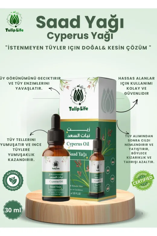 tulip life Tüy Azaltıcı Ve Tüy Önleme Saad Yağı Cyperus Oil Soğuk Sıkım Cold Press 30 Ml