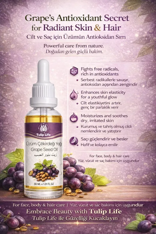 tulip life üzüm1 Natural & Pure Üzüm Çekirdeği Yağı 30 Ml
