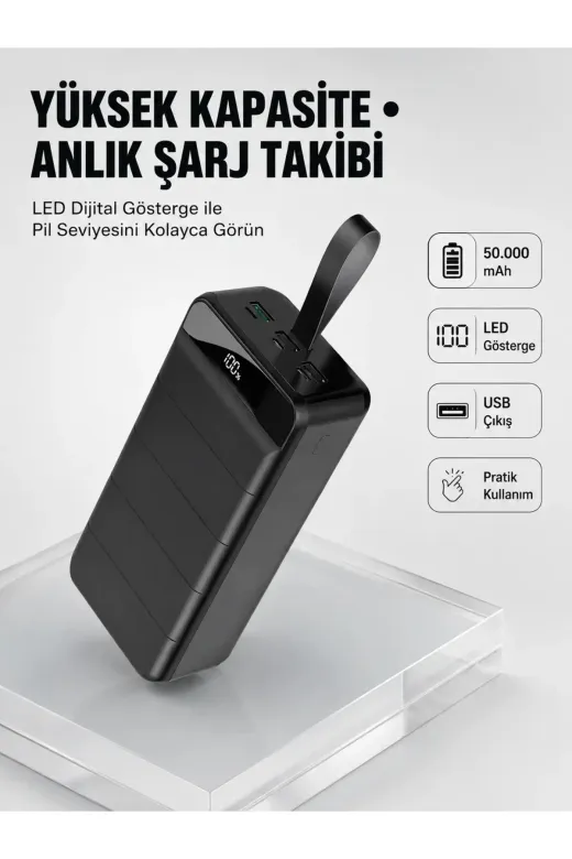Tüm Cihazlarla Uyumlu 50.000 mAh Powerbank – Yüksek Kapasiteli, LED Gösterge ve Akıllı Koruma Fonksi